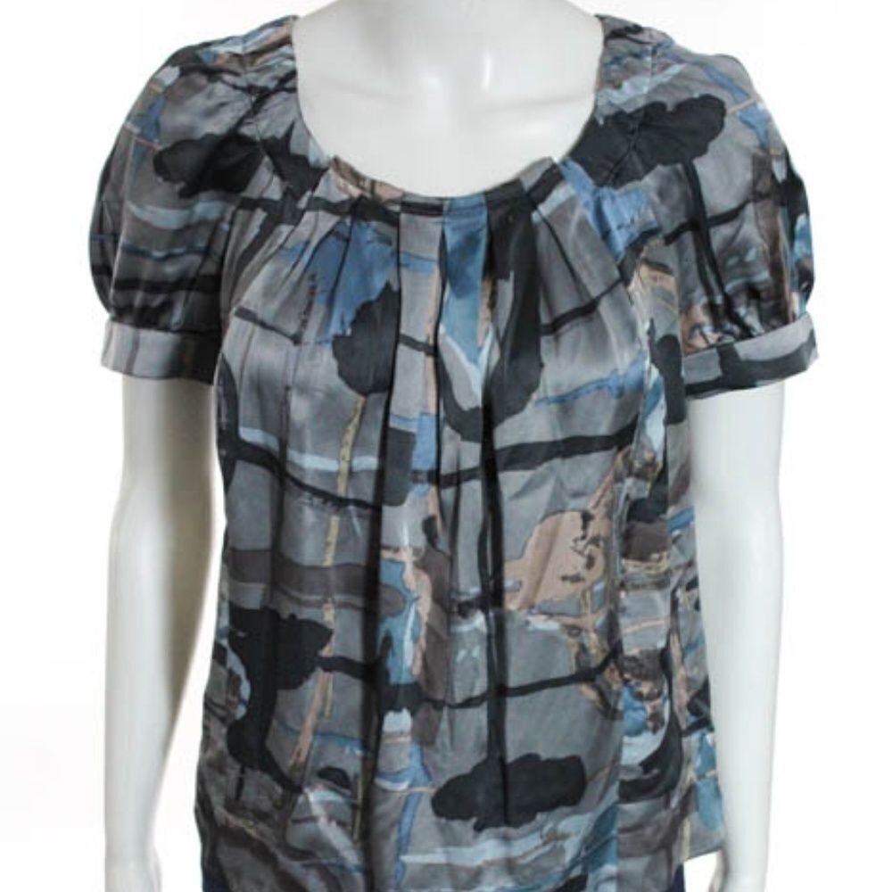 Mint Gray Brown Abstract Print Short Sleeve Top 0